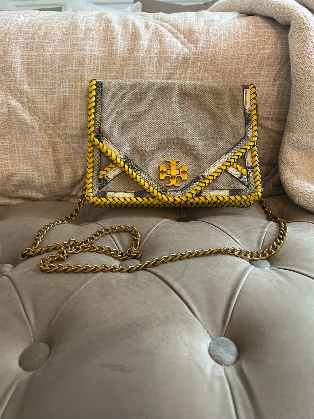 Tory Burch Neutral Woven Crossbody with Yellow Trim new no tags never used